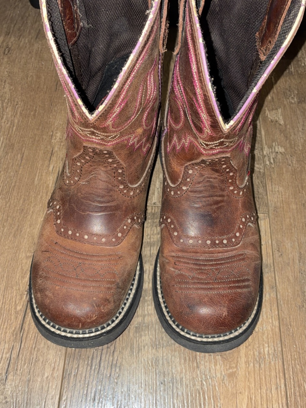Justin Boots Brown Leather Western Boots with Pink Stitching